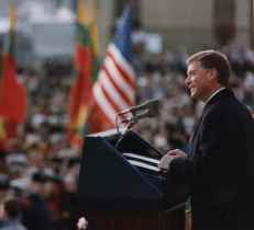 Vice President Dan Quayle speaking in front of a large crowd